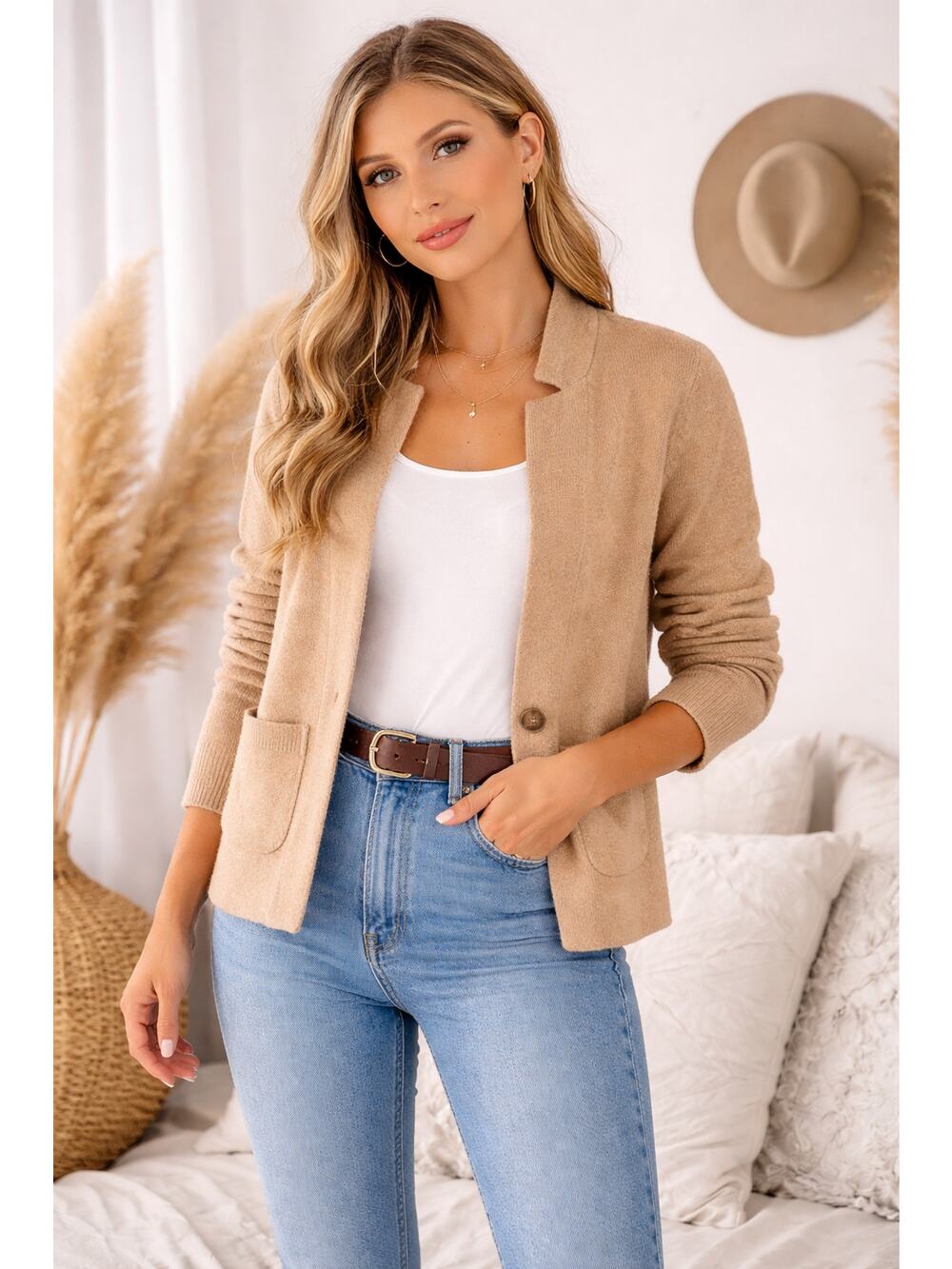 Talbots Women's Petite Camel Knit Blazer Jacket Lambswool Blend Open Front SZ P